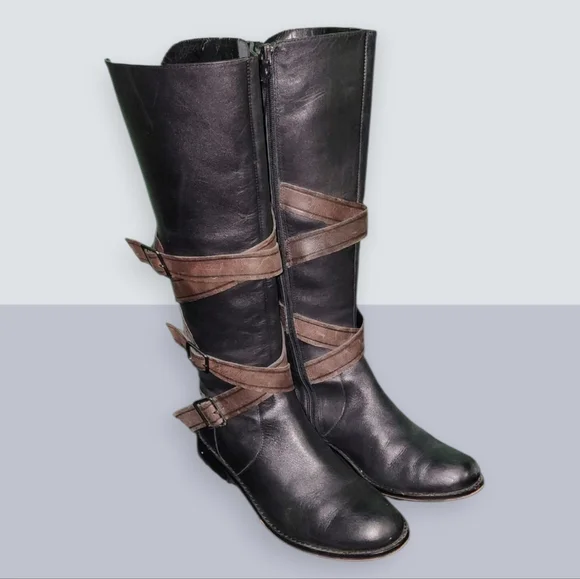 Women Vintage Leather Blk Riding Boots with detailed brn buckles by G.I.L.I 8 - Picture 1 of 8